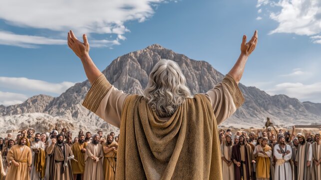 A concluding wide scene of moses addressing the gathered israelites before mount sinai with blessing, warning, and covenant responsibility under clear daylight.