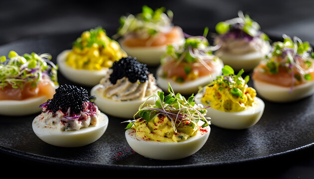 Delicious deviled eggs with black caviar and sandwiches with herring, pickles, and sprouts arranged on black plates for a celebration, party, or catered event on a dark background