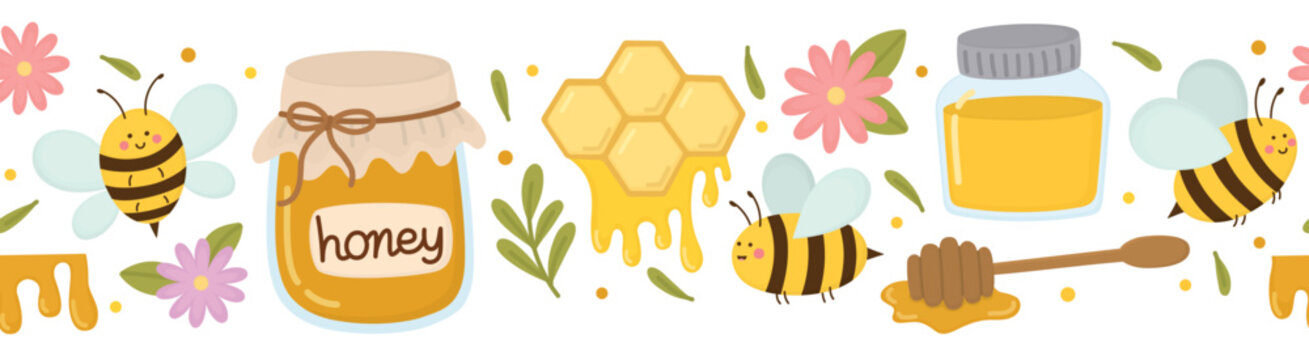 Seamless border with cute bees, honey jars, honeycombs, flowers and wooden dipper. Sweet summer apiary horizontal pattern