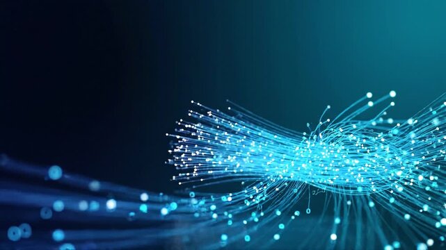 Fiber optic cable data transmission blue light technology digital communication network glowing strands abstract connection information flow modern high speed futuristic wave pattern internet glowing