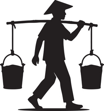 Silhouette of a person carrying buckets on a shoulder pole