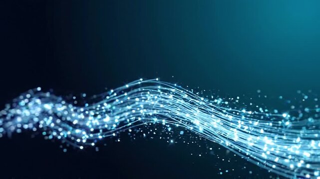 Glowing fiber optic cable with bright blue light particles flowing wave pattern showcasing digital technology, abstract connection, data transmission, and illuminated strands creating futuristic