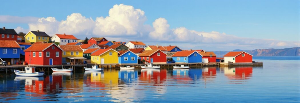 Colorful fishing village houses built on stilts over calm blue water. Small boats are docked near the waterfront structures. Coastal scenery reflects bright blue sky and white clouds.