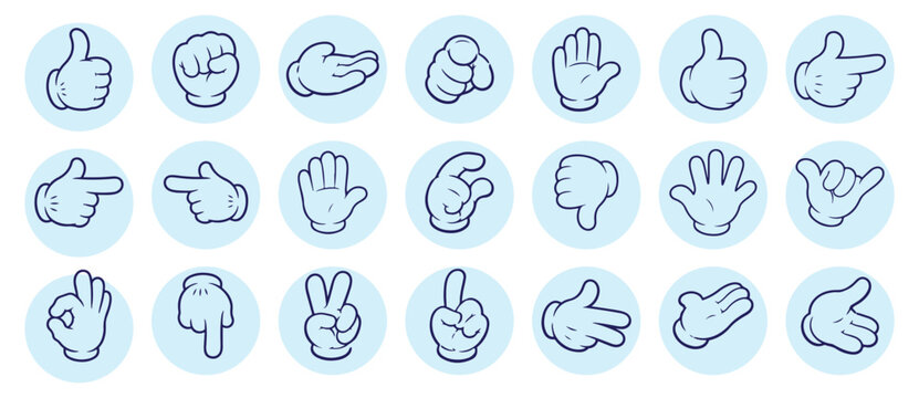 Cartoon gloved arms. Comic hands in gloves, retro doodle arms with different gestures vector isolated illustration icons set. Showing numbers, pointing with finger. Rock sign, thumb up, high five