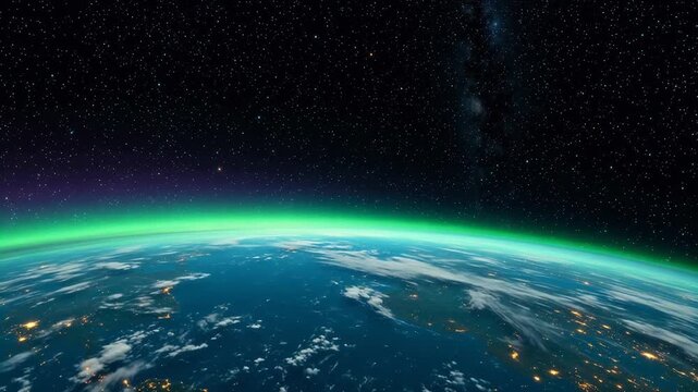 Earth from space with aurora and stars