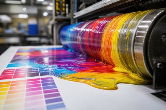 Industrial printing press roller with vibrant ink dripping onto a paper sheet during a high-quality offset production process in a professional print shop facility
