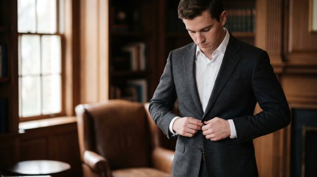 Young professional man buttoning his suit jacket while standing in a classic wood-paneled office or library, preparing for a formal business meeting or special event