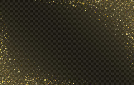 Gold star sparkles burst across black background with glitter particles and shimmering light effects, creating magical golden confetti celebration scene with bright shine.