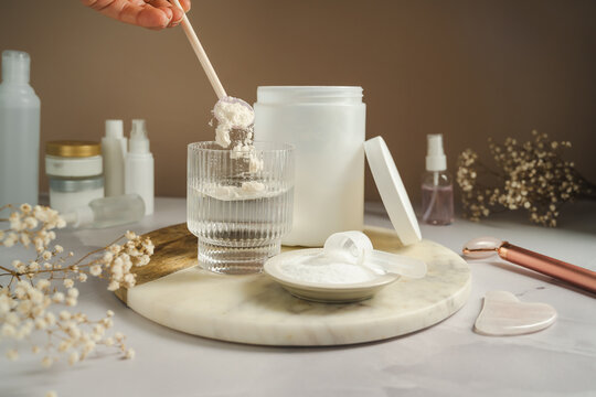 Collagen supplement preparation with beauty skincare and healthy aging concept
