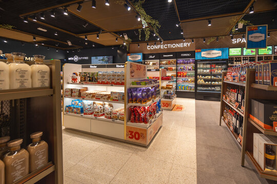 Duty free shop interior with confectionery and liquor