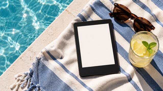 Blank tablet screen mockup on a striped towel with sunglasses by the bright blue pool water