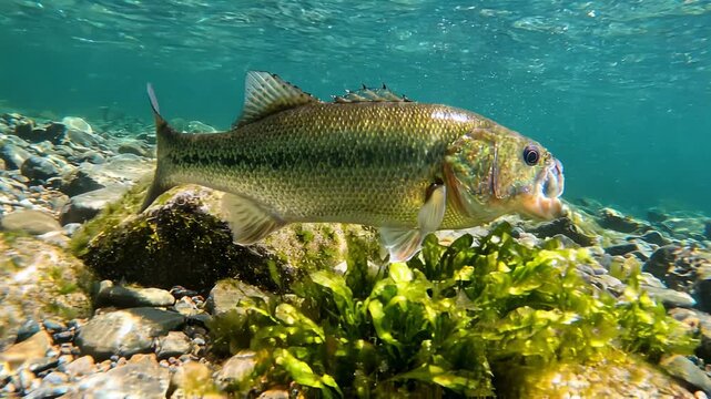 Majestic largemouth bass swimming above a rocky lake bottom in clear freshwater