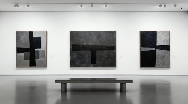 Abstract art displayed in modern gallery interior with concrete bench. Neutral grayscale paintings on white walls under spotlights. Minimalist design elements for contemporary art exhibition.