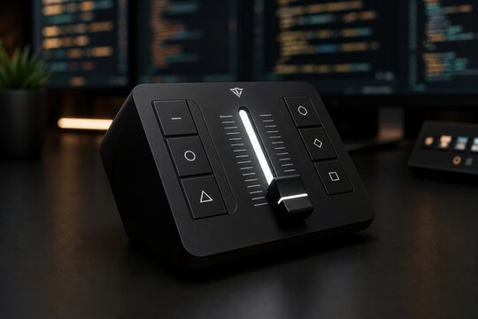 Black hardware controller with a sliding fader and programmable buttons sits on a desk in front of computer screens displaying lines of code in a dark workspace