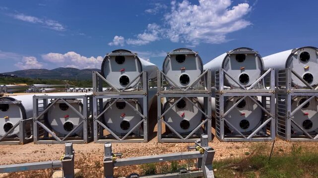Rows of wind turbine rotor blades secured in steel transport cradles at a manufacturing yard, showing blade root flanges and bolt rings under blue sky with clouds