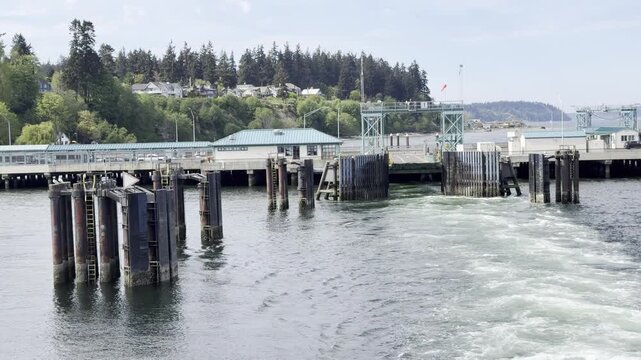 Clinton Ferry Dock Pilings and Wake as Ferry Departs