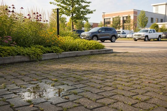 Permeable interlocking concrete pavers in a parking lot with a small puddle reflecting the sky and a landscaped garden bed with flowers in front of a modern office building