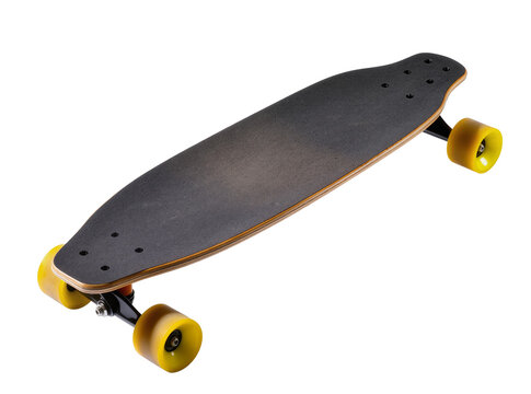Isolated modern stylish longboard skateboard with black griptape and bright yellow wheels