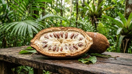 Fototapeta premium Freshly Cut Cacao Pod Revealing Seeds and Pulp on a Rustic Wooden Table in a Lush Tropical Rainforest