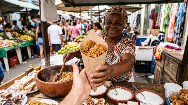 Smiling woman sells traditional Brazilian cocada sweets at a vibrant outdoor market stall