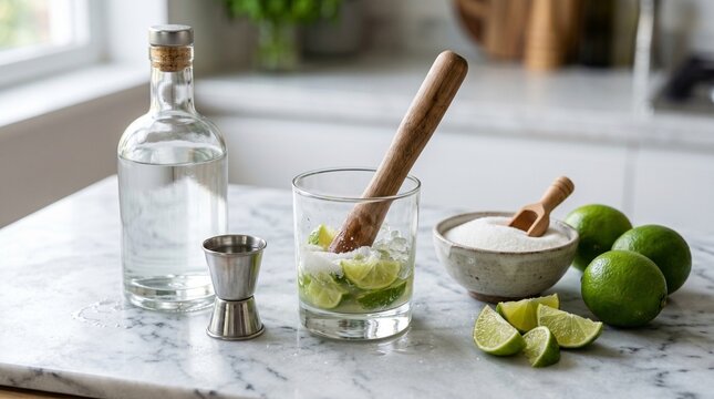 Caipirinha cocktail preparation with cacha&ccedil;a limes sugar ice and muddler on marble countertop