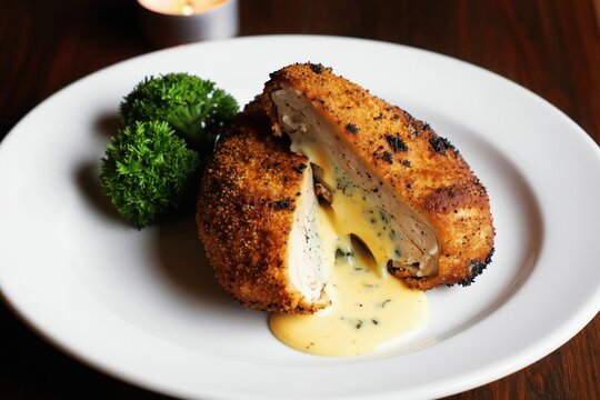 Breaded chicken breast stuffed with garlic butter sauce spills out when cut. Garnished with parsley on white plate. Served as gourmet dinner.