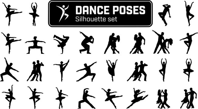 Dance Dancer Silhouette Set Black White Performance Bundle Vector Illustration Isolated White Background