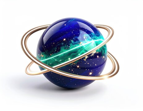 Glowing planet with golden rings, a vibrant blue and green cosmic sphere