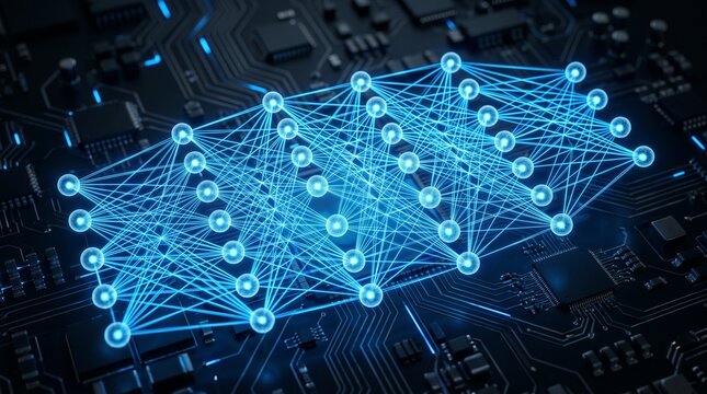 Glowing blue neural network visualization with interconnected data nodes on dark background