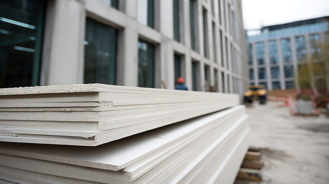 Stacked plasterboard sheets await use on a modern building construction site, emphasizing new development and architectural progress with white materials