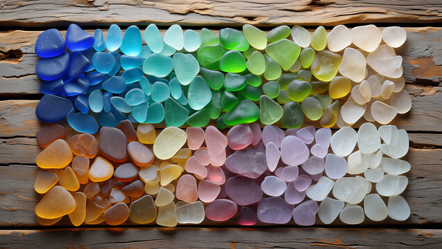 Rainbow collection of smooth frosted sea glass pieces arranged on a rustic weathered wooden board with seaglass weathered colorful gradient collection translucent fragments patterns