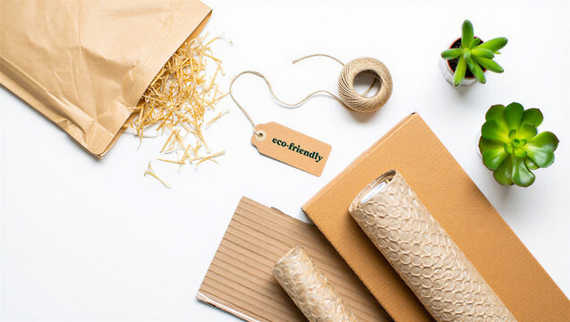 Eco-friendly shipping materials with cardboard boxes twine and green plants on white surface e commerce packaging shipping cardboard succulent delivery logistics e-commerce sustainable