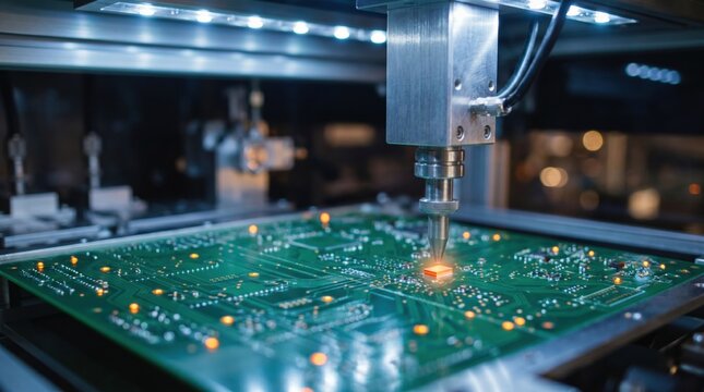Automated robotic arm assembling a circuit board with high precision in a modern electronics manufacturing facility using advanced surface mount technology and laser guidance