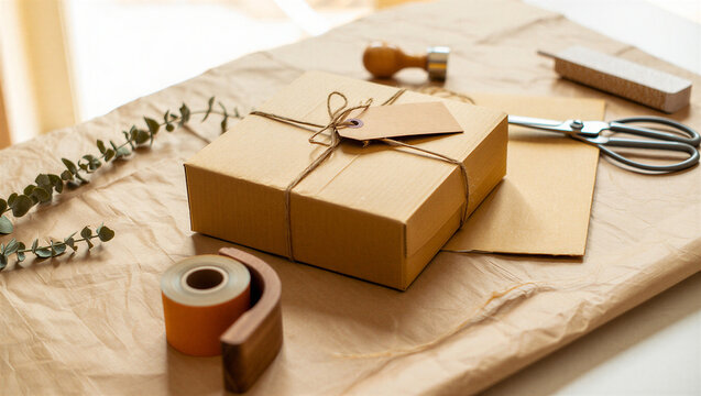 Rustic gift package wrapped in brown craft paper with twine and tag on wooden background e commerce eco friendly wrapping shipping delivery handmade e-commerce business stationary