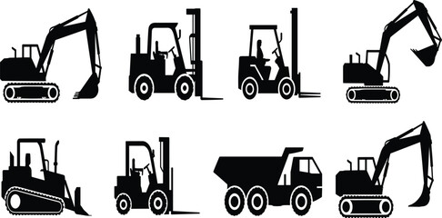 Construction, machinery, silhouettes, set, excavator, forklift, dump, truck, bulldozer, heavy, equipment, industrial, transport, vector, black, vehicle, icons, building, site, collection © RABBI