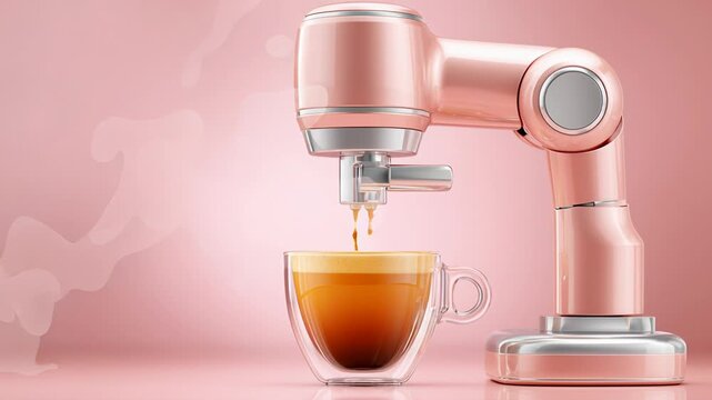 Futuristic pink robot arm brewing coffee into double walled glass mug