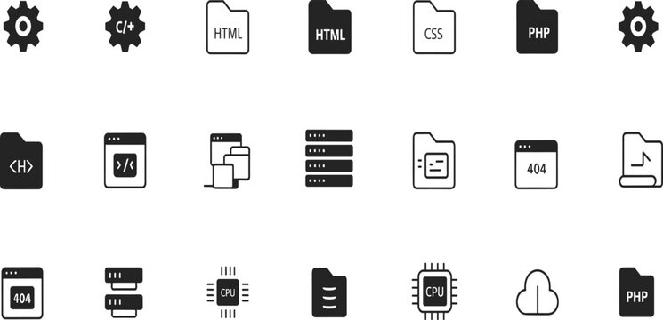Programming, web, development, coding, icons, set, folder, html, css, php, server, processor, cpu, cloud, software, vector, glyph, linear, interface, collection