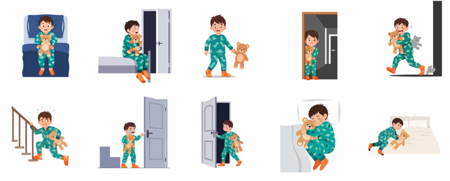 Little Boy in Pajamas Feeling Scared at Night Character Set, Childhood Nightmares and Fear of the Dark with Teddy Bear Vector Illustration