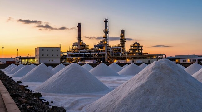 Large salt piles processed at industrial plant with refinery complex at sunset. White salt heaps ready for transport, chemical industry site. Manufacturing mineral resource for food and chemicals.