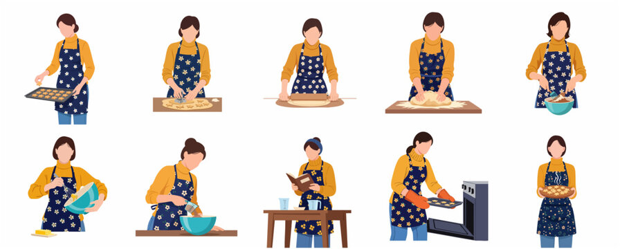 Young woman baking cookies and pastry vector illustration set, female character cooking process from kneading dough to oven baking.
