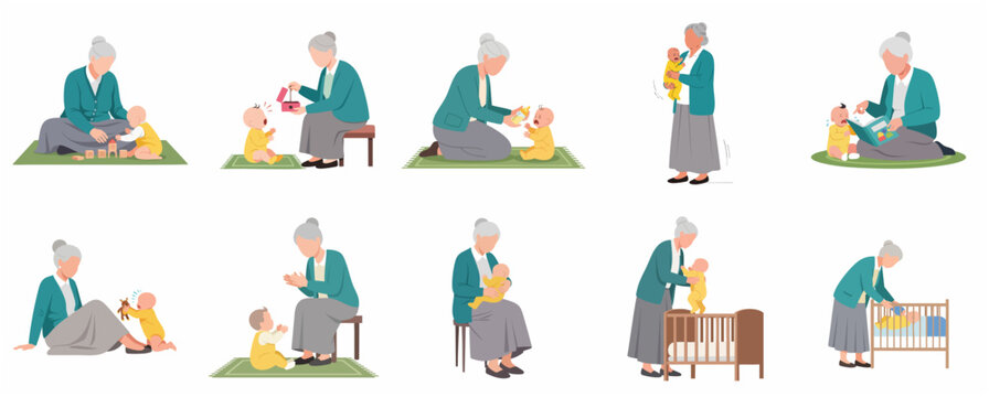 Grandmother Caring for Baby Vector Illustration Set: Senior Woman Babysitting, Playing, Feeding, and Comforting Infant in Various Daily Scenes