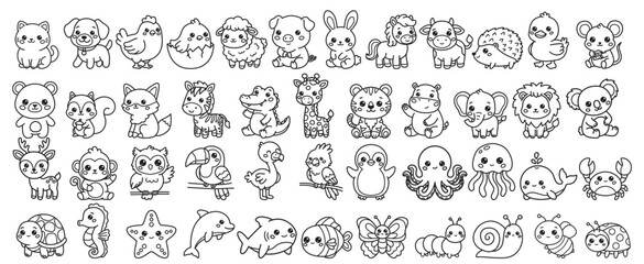 Obraz premium Cute Kawaii Animal Collection Coloring Page Outline Set with Cartoon Farm Wild and Ocean Characters
