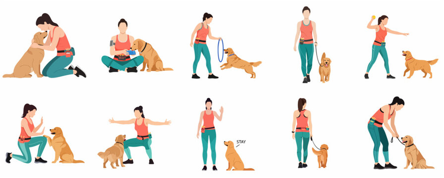 Set of woman training and playing with golden retriever dog, flat vector illustration of pet care and obedience training activities.