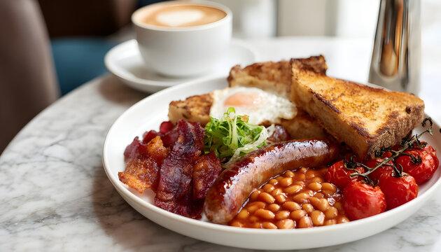 Savory breakfast plate with sausage, bacon, baked beans, toasted bread, and roasted tomatoes served on a marble cafe table.