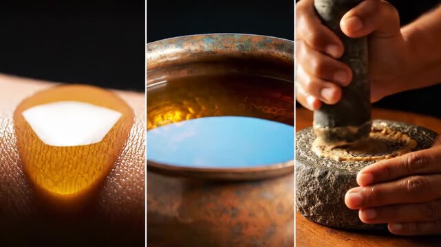Ayurvedic Wellness Concept: Traditional Oil Massage, Herbal Preparation, and Grinding Paste Triptych