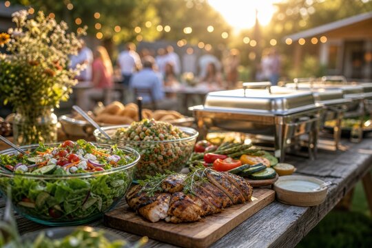 Grilled chicken breast and fresh garden salads served on a rustic wooden table at an outdoor summer garden party with guests and golden sunset lighting