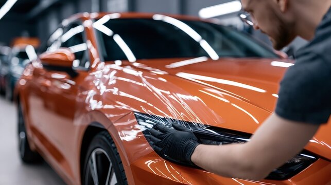 Specialist installer meticulously applying transparent clear bra film on the headlight and fender of a red sports car, providing superior paint protection and auto detailing service in a workshop