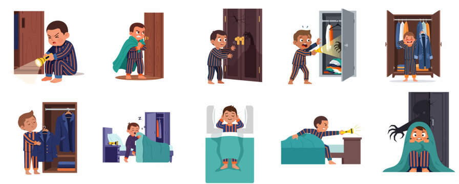 Cartoon set of a scared little boy in pajamas facing nightmares, monsters, and fear of the dark at bedtime.