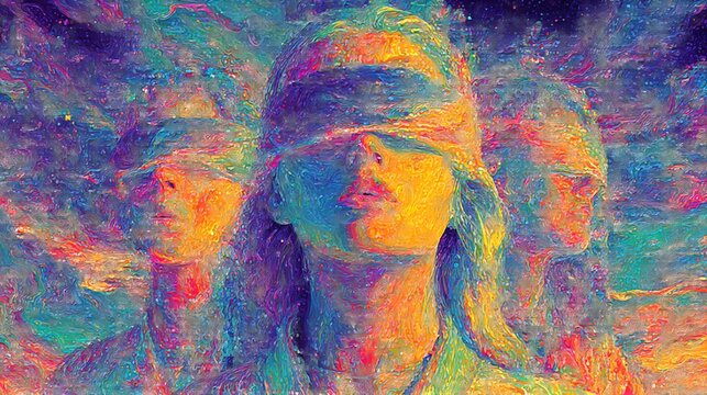 Triplicated figure blindfolded, colorful, painted with a cosmic background