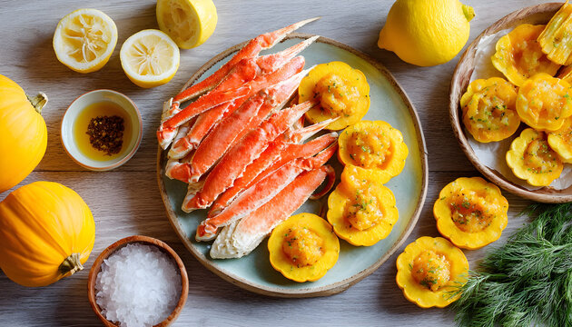 Preparing an hors d'oeuvre plate of snow crab and pattypan squash